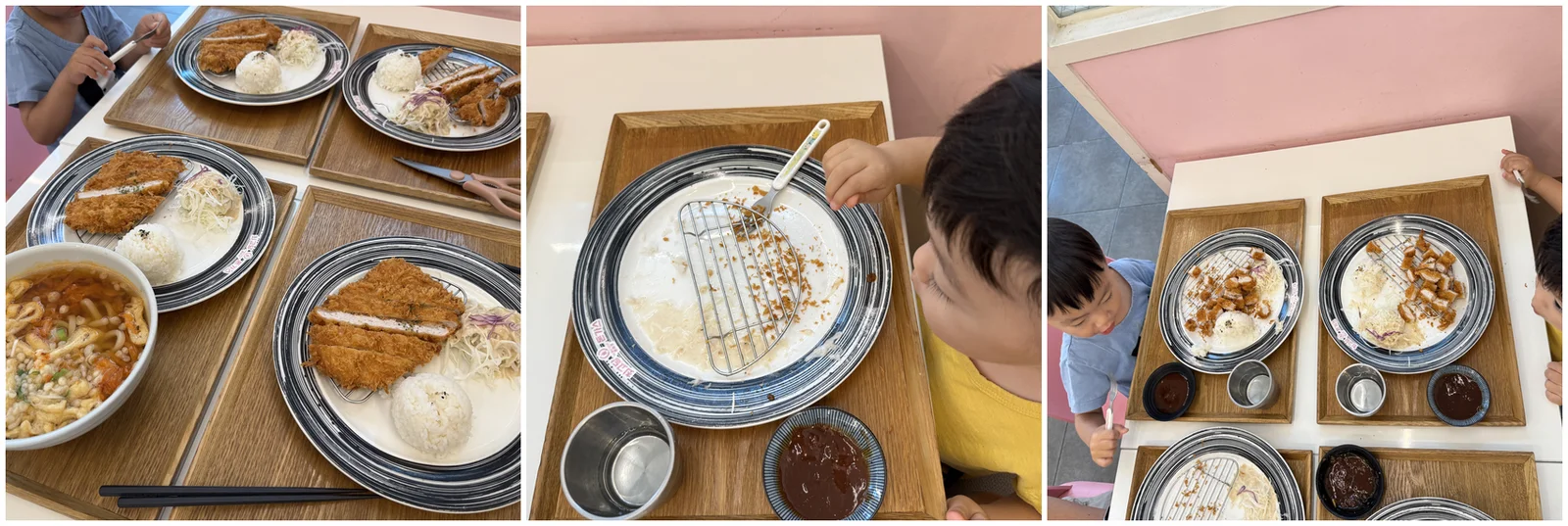 아이들이 돈까스 먹는 모습